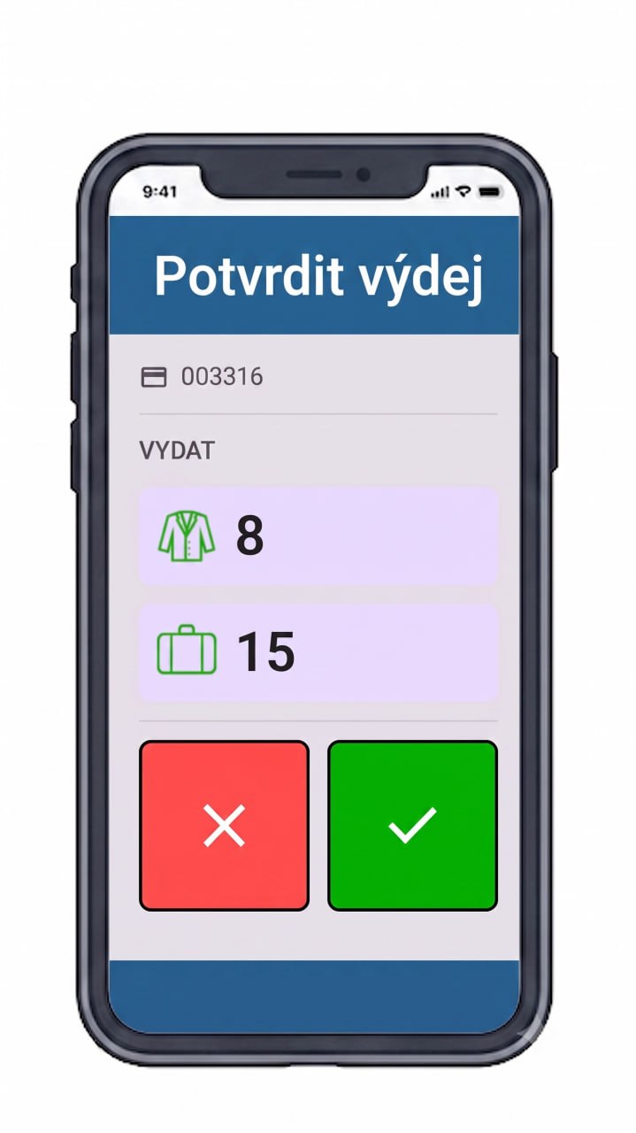 Mobilní výdej e‑šatna zobrazuje pozici bundy 8 a zavazadla 15 v šatně
