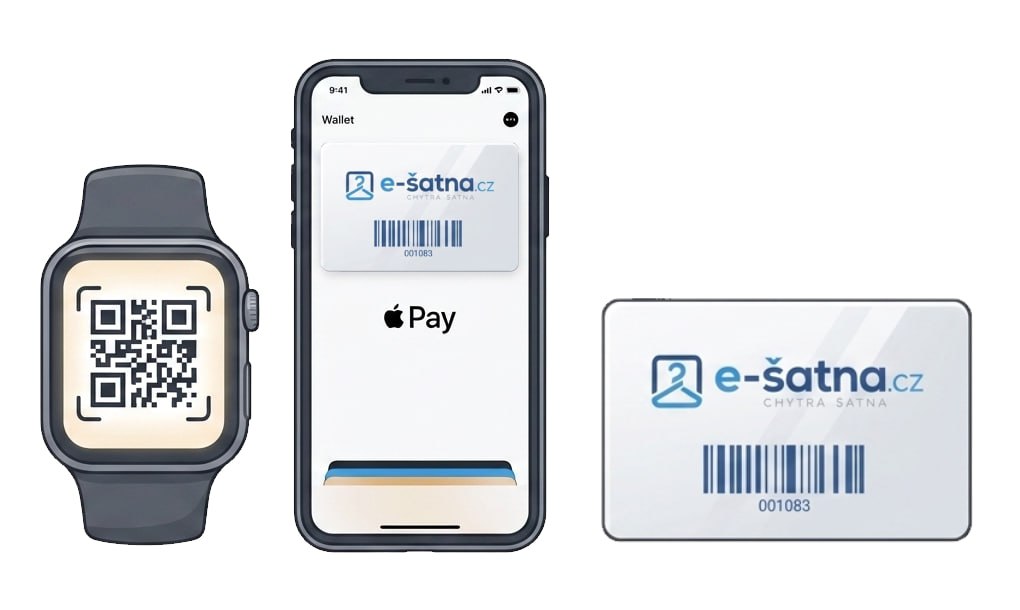 Digitální karta e‑šatna v mobilu Apple Wallet, QR kód v chytrých hodinkách a plastová e‑šatna karta s čárovým kódem
